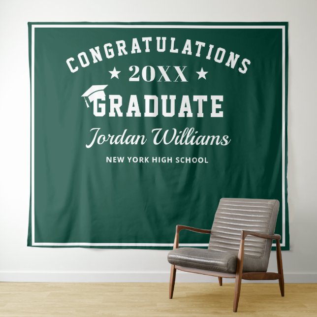 Modern White Green Graduation Photo Prop Backdrop Tapestry (In Situ (Horizontal))