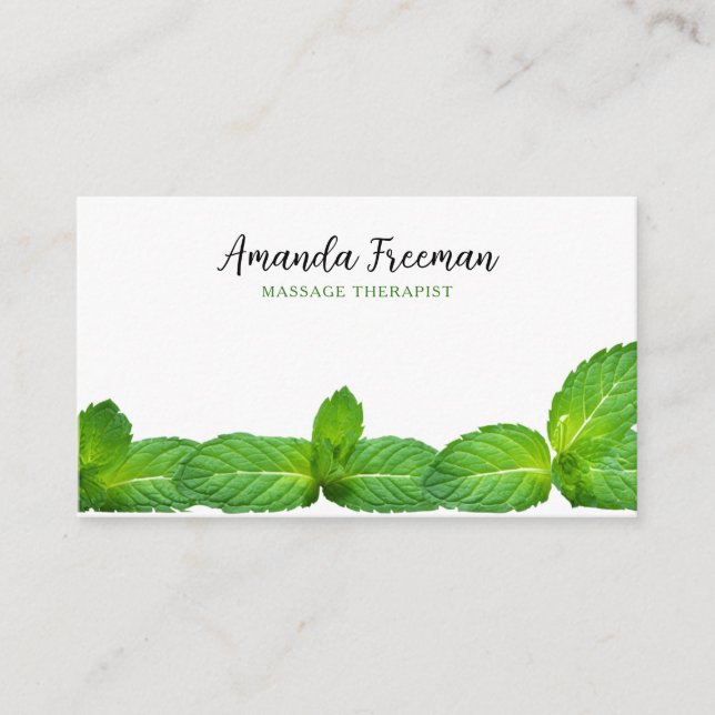 Modern White & Green Mint Leaves Massage Therapy Business Card (Front)
