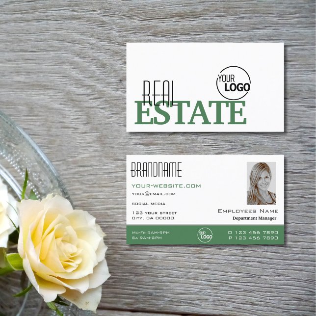 Modern White Green Stylish Simple Logo and Photo Business Card (Creator Uploaded)