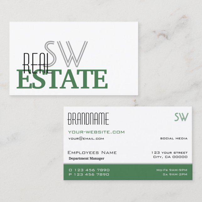 Modern White Green Stylish Simple with Monogram Business Card (Front/Back)