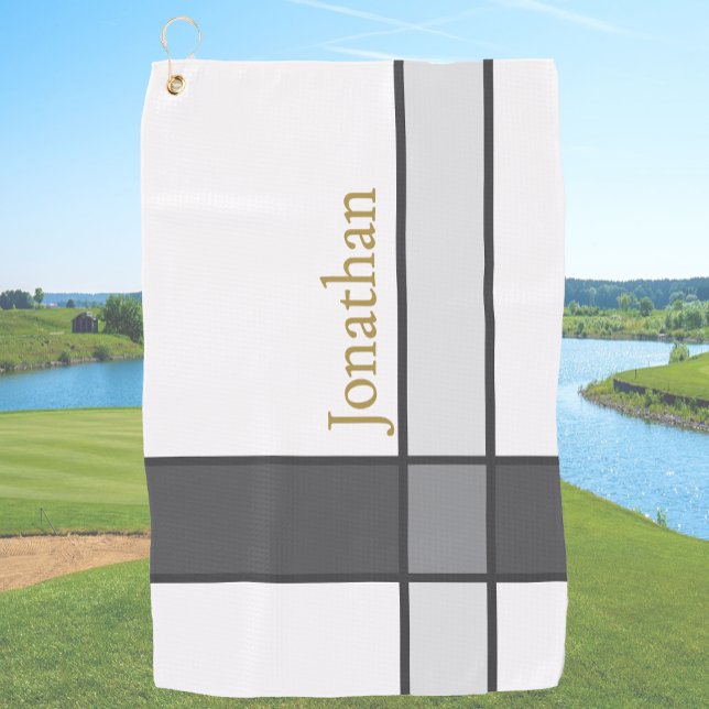 Modern white grey and gold minimalist custom name  golf towel (Creator Uploaded)