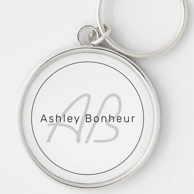 Modern White Grey & Black | Cool Name & Monogram Key Ring (Front)