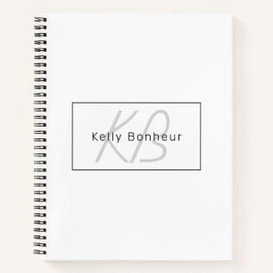 Modern White Grey & Black Cool Name & Monogram Notebook