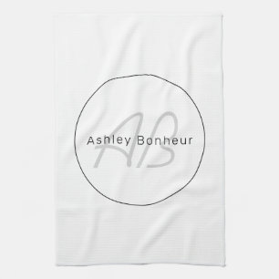 Modern White Grey & Black   Cool Name & Monogram Tea Towel