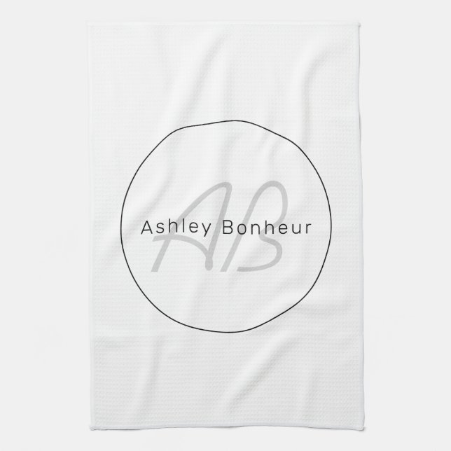 Modern White Grey & Black | Cool Name & Monogram Tea Towel (Vertical)