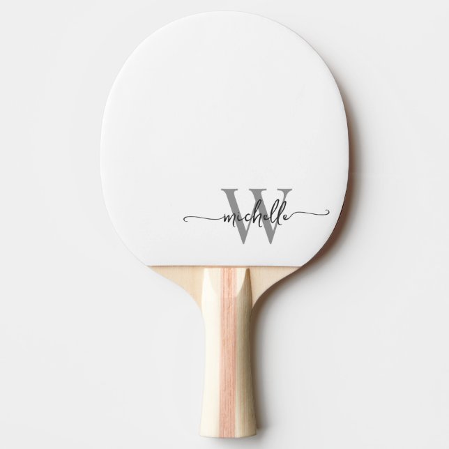 Modern White Grey Custom Monogram Name Script Ping Pong Paddle (Front)