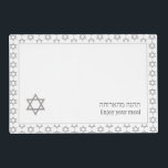 Modern White Grey Enjoy Your Meal | STAR OF DAVID Laminated Place Mat<br><div class="desc">Modern white STAR OF DAVID Table Placemats, showing faux silver grey Star of David in a tiled pattern. Near the bottom, there is a larger single Star of David, plus text that reads ENJOY YOUR MEAL in English and Hebrew text. These are CUSTOMIZABLE so you can PERSONALIZE with your family...</div>