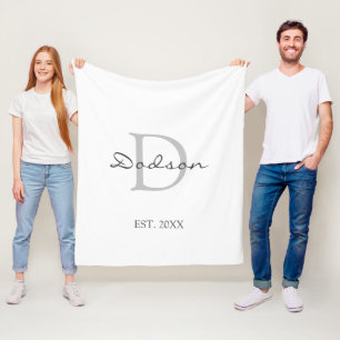 Modern White Grey Family Script Monogram Name Fleece Blanket