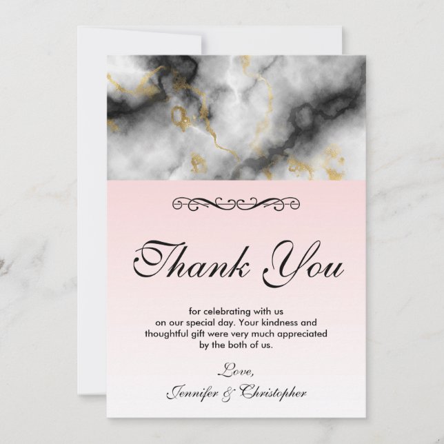 Modern White Grey Marble & Gold Ribbon Thank You Card (Front)