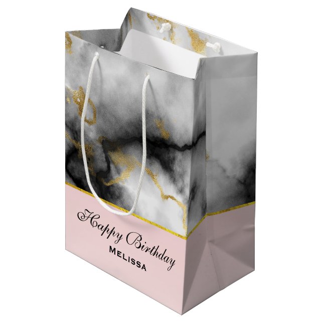 Modern White Grey Marble with Gold Ribbon Birthday Medium Gift Bag (Front Angled)