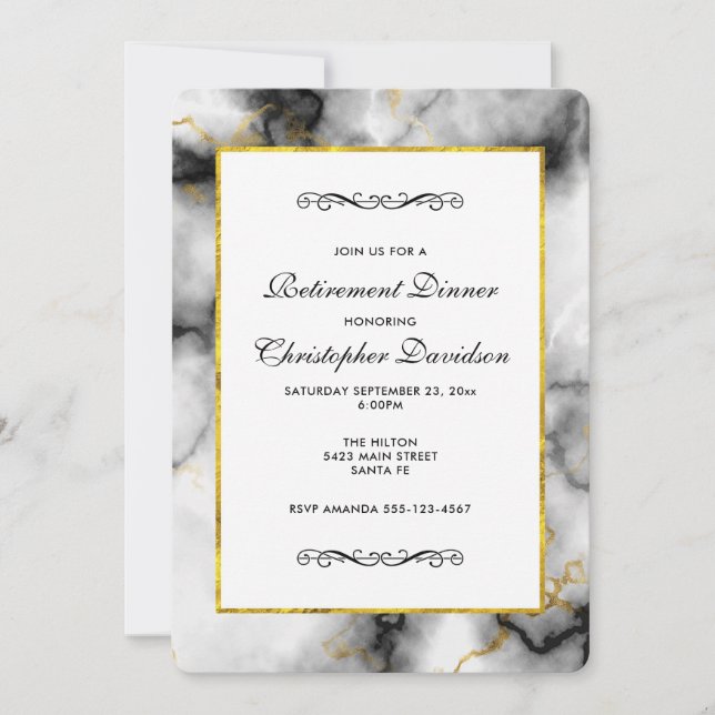 Modern White Grey Marble with Gold Ribbon Invitation (Front)