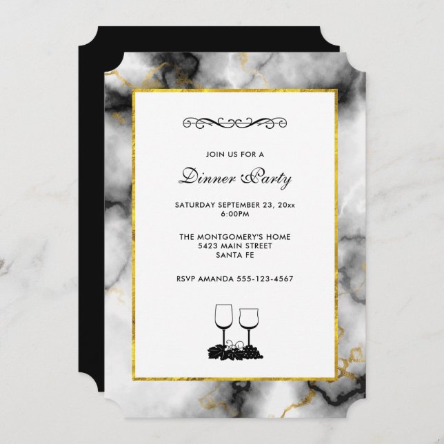 Modern White Grey Marble with Gold Ribbon Invitation (Front/Back)