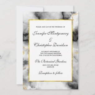 Modern White Grey Marble with Gold Ribbon Invitation