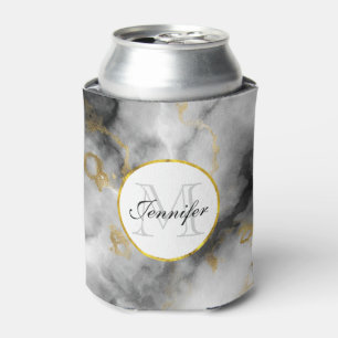 Modern White Grey Marble with Gold Ribbon Monogram Can Cooler
