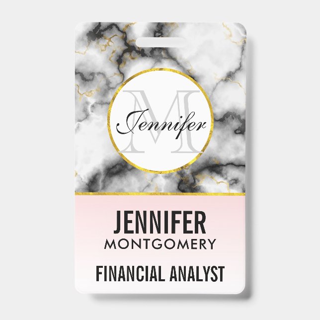 Modern White Grey Marble with Gold Ribbon Monogram ID Badge (Front)