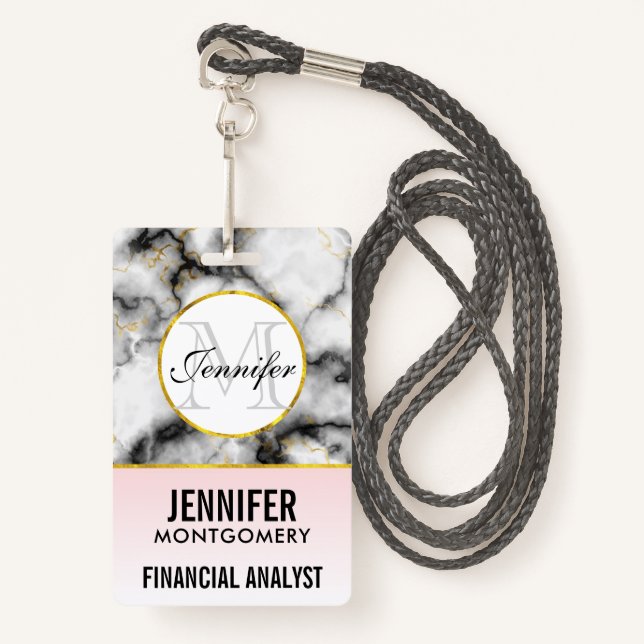 Modern White Grey Marble with Gold Ribbon Monogram ID Badge (Front with Lanyard)