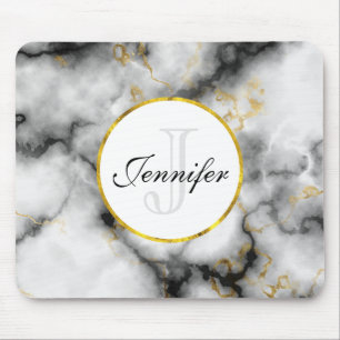 Modern White Grey Marble with Gold Ribbon Monogram Mouse Mat