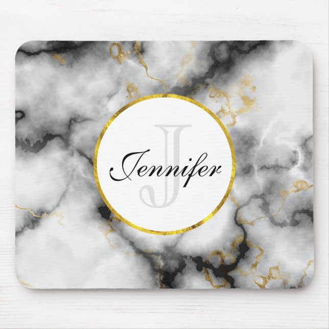 Modern White Grey Marble with Gold Ribbon Monogram Mouse Mat (Front)