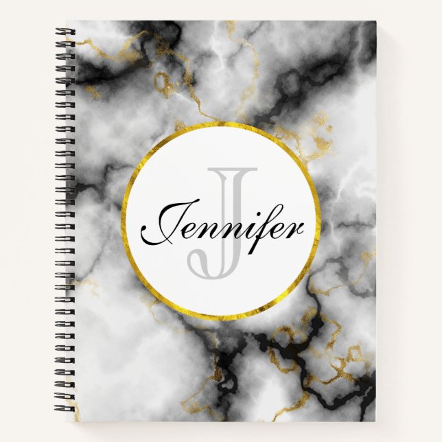 Modern White Grey Marble with Gold Ribbon Monogram Notebook (Front)