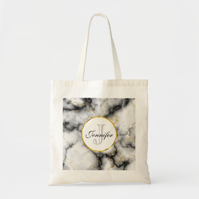 Modern White Grey Marble with Gold Ribbon Monogram Tote Bag (Front)