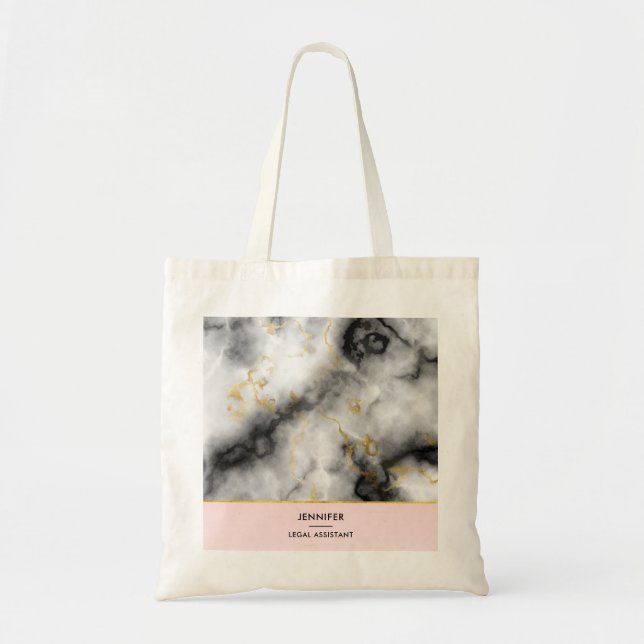 Modern White Grey Marble with Gold Ribbon Tote Bag (Front)