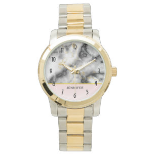 Modern White Grey Marble with Gold Ribbon Watch