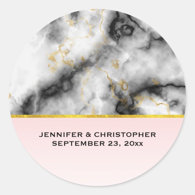 Modern White Grey Marble with Gold Ribbon Wedding Classic Round Sticker (Front)