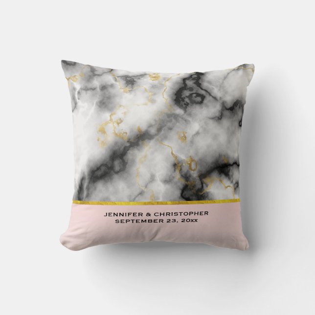 Modern White Grey Marble with Gold Ribbon Wedding Cushion (Front)