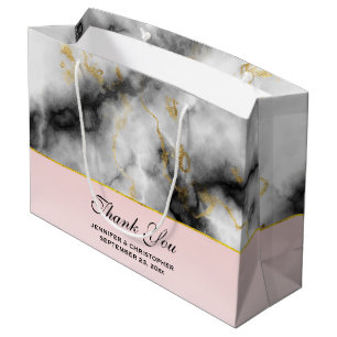 Modern White Grey Marble with Gold Ribbon Wedding Large Gift Bag