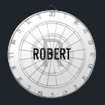 Modern white grey monogram name dart board<br><div class="desc">Modern white dart board with a black typography name and grey monogram. Personalise with name and initial.</div>