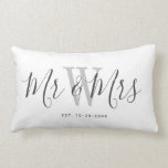 Modern White Grey Mr And Mrs Keepsake Monogrammed Lumbar Cushion<br><div class="desc">Welcome friends and family to your home with this Modern White Grey Mr And Mrs Keepsake Monogrammed Lumbar Pillow. It is an elegant design with a white background. The centre has bride and groom's last name monogram letter in light grey. The text is "mr and mrs" in dark grey trendy...</div>