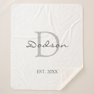 Modern White Grey Script Family Monogram Name Sherpa Blanket