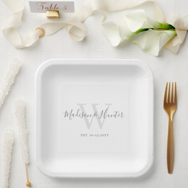 Modern White Grey Script Monogram Wedding Paper Plate (Wedding)