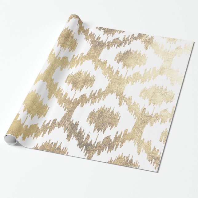 Modern white hand drawn ikat pattern faux gold wrapping paper (Unrolled)
