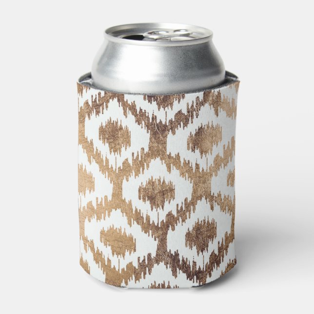 Modern white handrawn ikat pattern faux brass gold can cooler (Can Front)