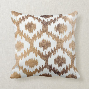 Modern white handrawn ikat pattern faux brass gold cushion