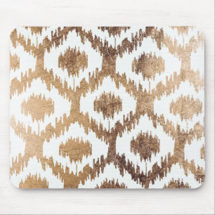 Modern white handrawn ikat pattern faux brass gold mouse mat