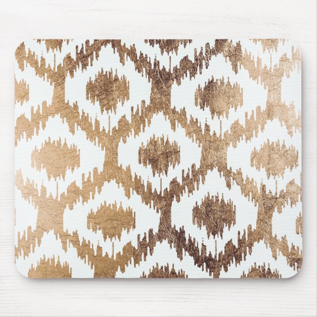 Modern white handrawn ikat pattern faux brass gold mouse mat (Front)