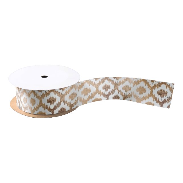 Modern white handrawn ikat pattern faux brass gold satin ribbon (Spool)