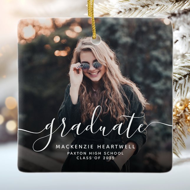 Modern White Handwriting Graduation Photo Ceramic Ornament (Creator Uploaded)