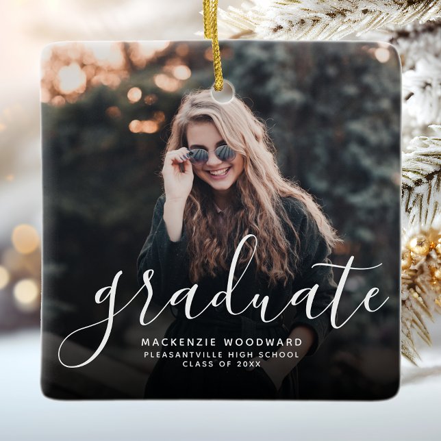 Modern White Handwriting Photo Graduation Ceramic Ornament (Creator Uploaded)