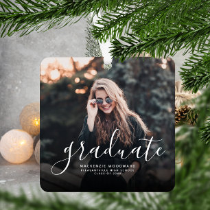 Modern White Handwriting Photo Graduation Metal Tree Decoration