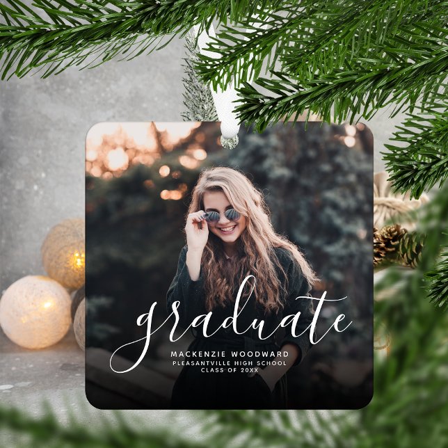 Modern White Handwriting Photo Graduation Metal Tree Decoration (Creator Uploaded)