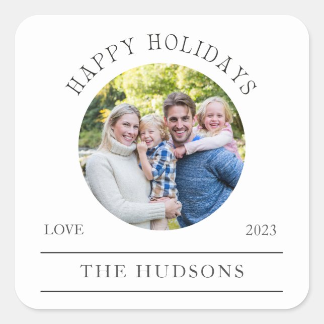 Modern White Happy Holidays Round 1 Photo Square Sticker (Front)