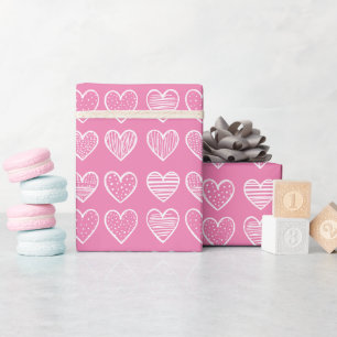 Modern white Hearts on Pink Happy Valentine's Day Wrapping Paper