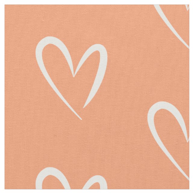 Modern White Hearts Pattern, Peach Background Fabric (Close Up)