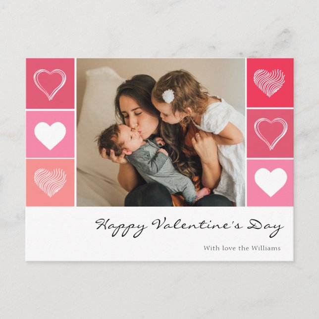 Modern white hearts red and pink photo Valentine Postcard (Front)