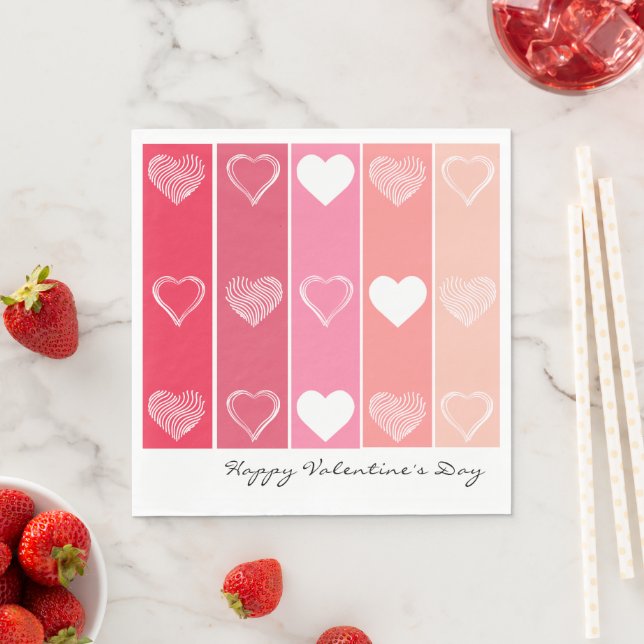 Modern white hearts red and pink stripes Valentine Napkin (Insitu)