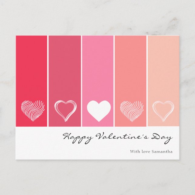 Modern white hearts red and pink stripes Valentine Postcard (Front)