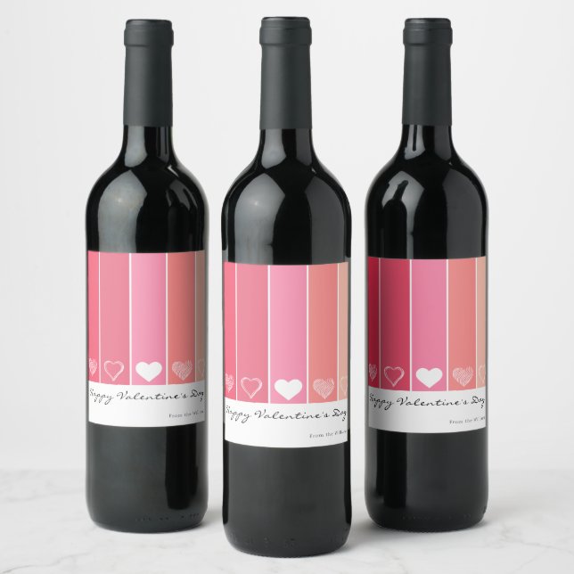 Modern white hearts red and pink stripes Valentine Wine Label (Bottles)